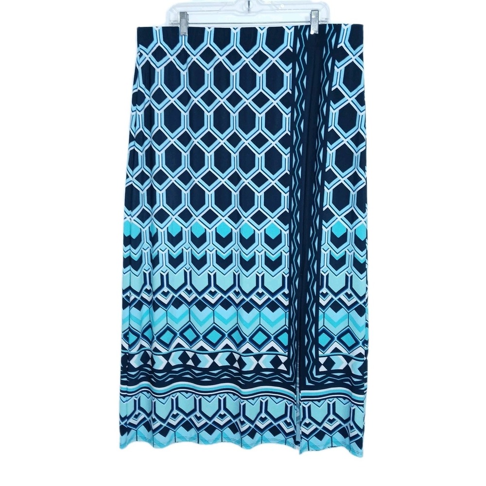 Chico's Women Hayden Maxi Skirt 3 XL Aqua Blue Hi Slit Geo Print Elastic Waist